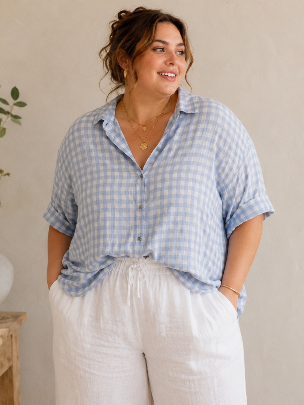 Standard Grace Blue Gingham Lyocell Oversized Button Up Blouse